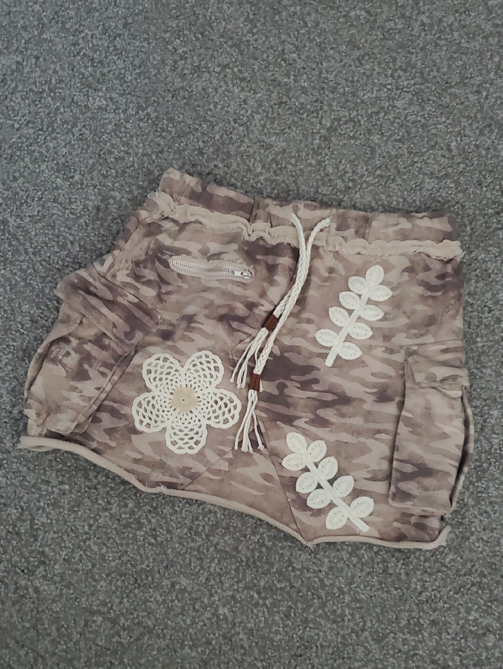 Women’s Camouflage Print Skirt with Crochet Floral Appliqué - Taupe